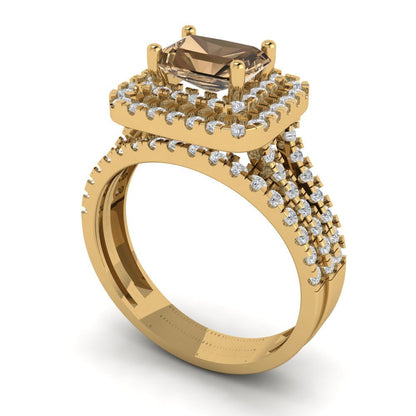3.05 cttw Emerald Cut Simulated Champagne Diamond Bridal Set - Solid Yellow Gold Engagement Ring & Wedding Band