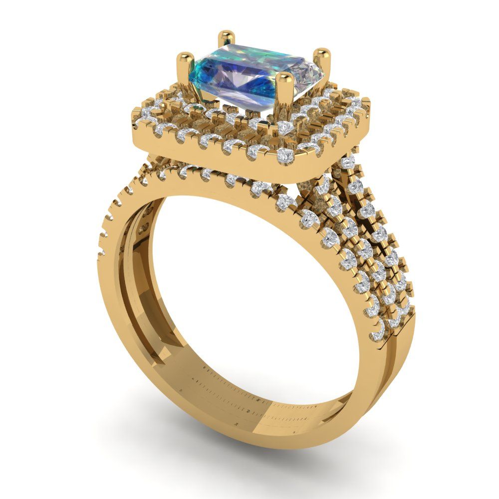 3.05 cttw Emerald Cut Blue Moissanite Bridal Set - Solid Yellow Gold Engagement Ring & Wedding Band