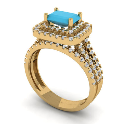 3.05 cttw Emerald Cut Simulated Turquoise Bridal Set - Solid Yellow Gold Engagement Ring & Wedding Band