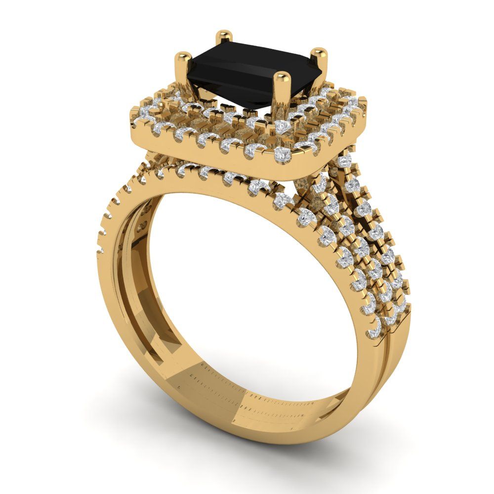 3.05 cttw Emerald Cut Natural Onyx Bridal Set - Solid Yellow Gold Engagement Ring & Wedding Band