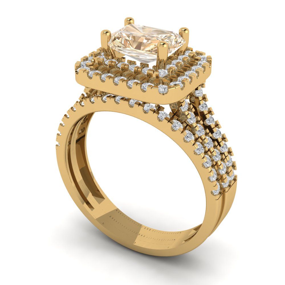 3.05 cttw Emerald Cut Natural Morganite Bridal Set - Solid Yellow Gold Engagement Ring & Wedding Band