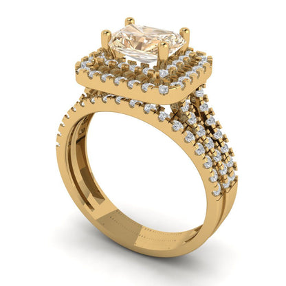 3.05 cttw Emerald Cut Natural Morganite Bridal Set - Solid Yellow Gold Engagement Ring & Wedding Band