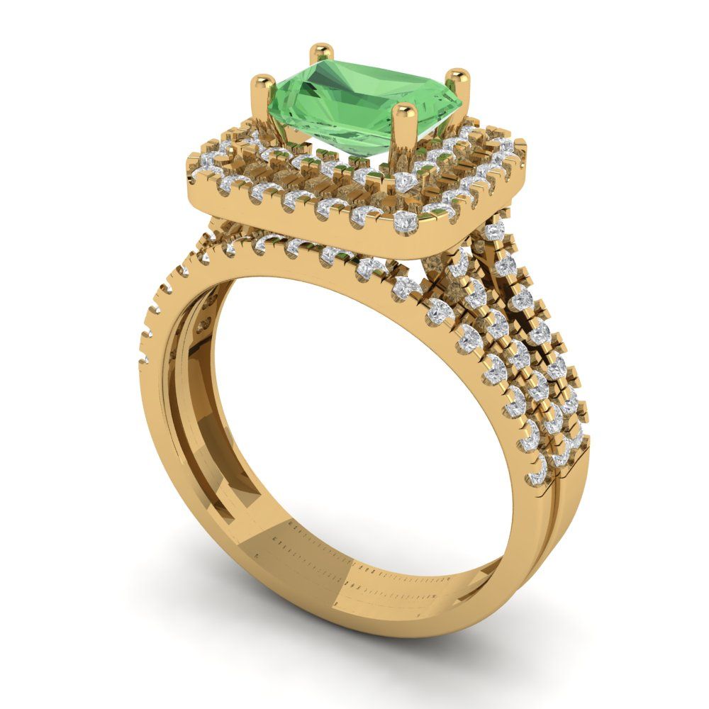 3.05 cttw Emerald Cut Simulated Green Diamond Bridal Set - Solid Yellow Gold Engagement Ring & Wedding Band