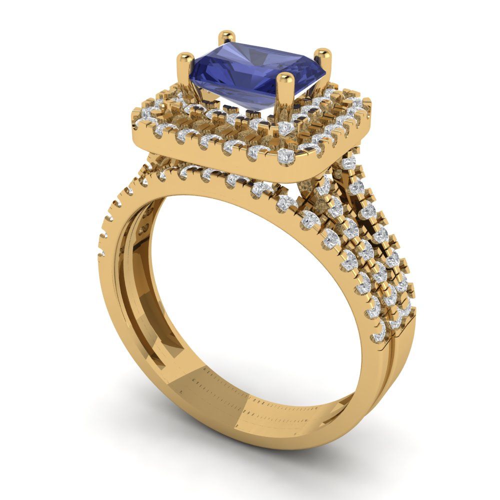 3.05 cttw Emerald Cut Simulated Tanzanite Bridal Set - Solid Yellow Gold Engagement Ring & Wedding Band