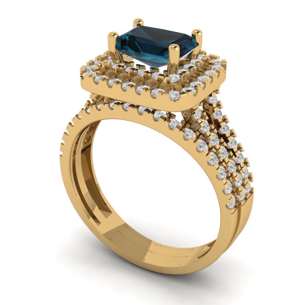 3.05 cttw Emerald Cut Natural London Blue Topaz Bridal Set - Solid Yellow Gold Engagement Ring & Wedding Band