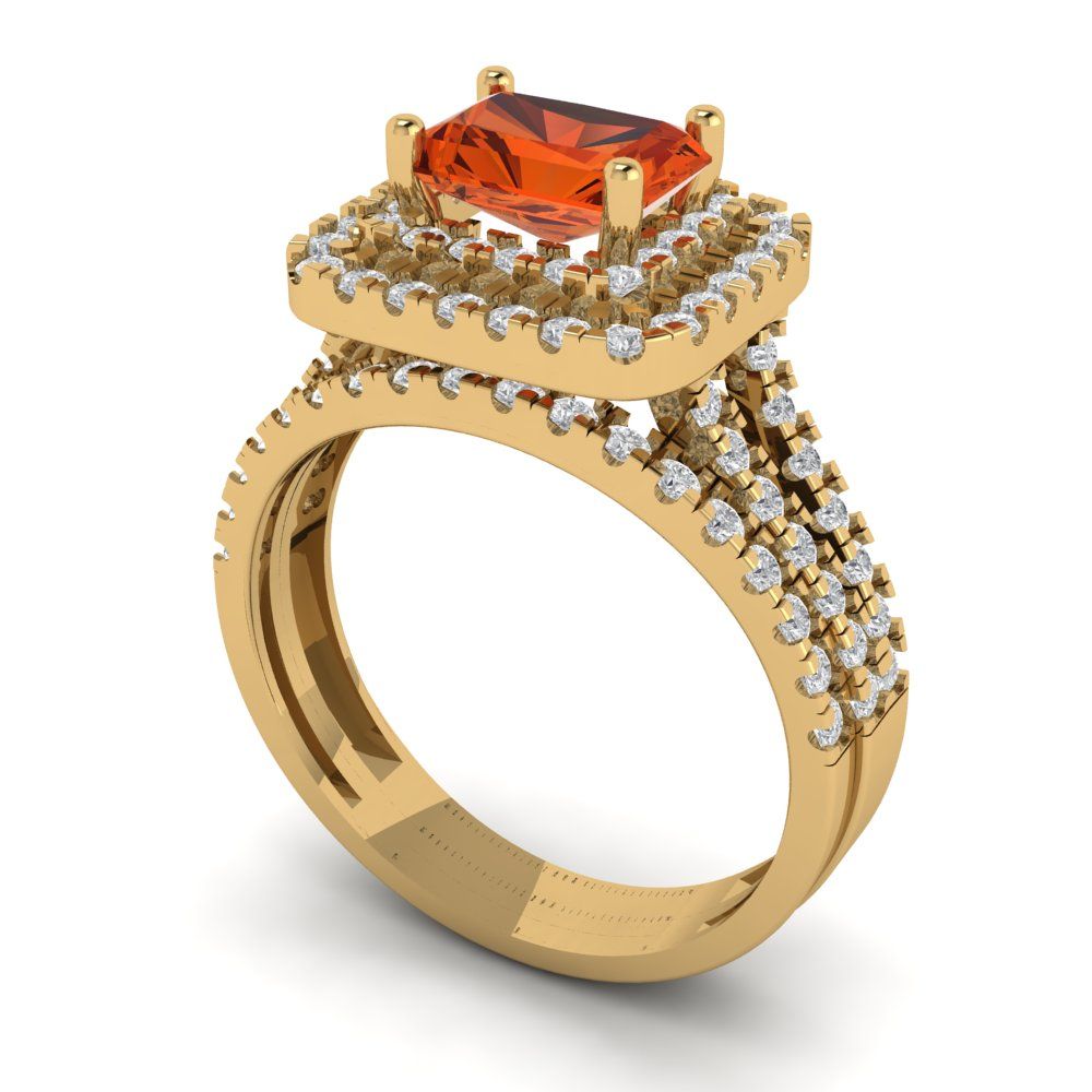 3.05 cttw Emerald Cut Simulated Red Diamond Bridal Set - Solid Yellow Gold Engagement Ring & Wedding Band