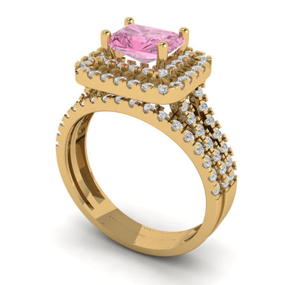3.05 cttw Emerald Cut Simulated Pink Diamond Bridal Set - Solid Yellow Gold Engagement Ring & Wedding Band