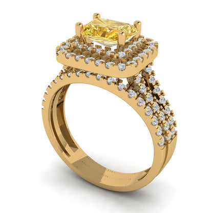 3.05 cttw Emerald Cut Natural Citrine Bridal Set - Solid Yellow Gold Engagement Ring & Wedding Band