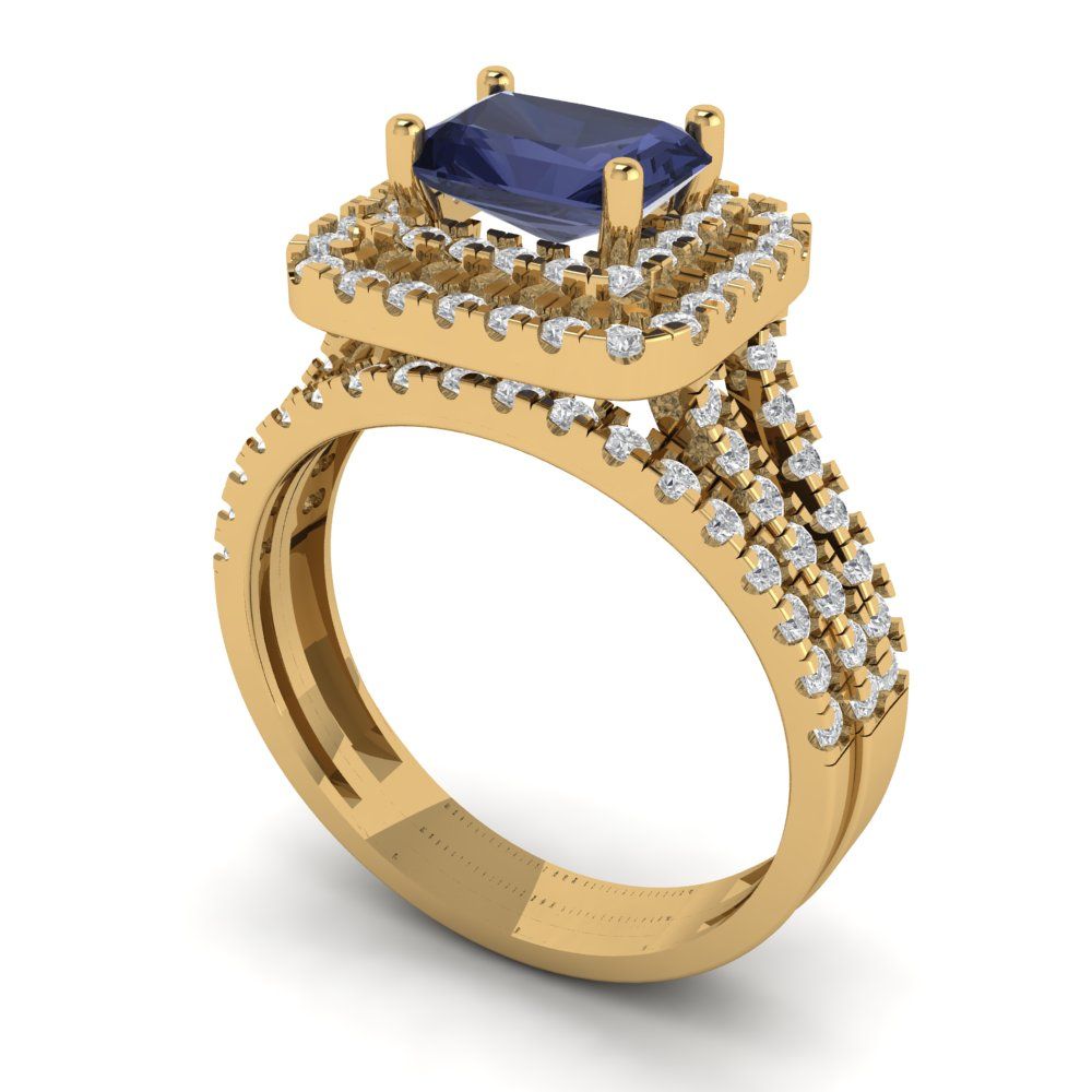 3.05 cttw Emerald Cut Simulated Blue Sapphire Bridal Set - Solid Yellow Gold Engagement Ring & Wedding Band