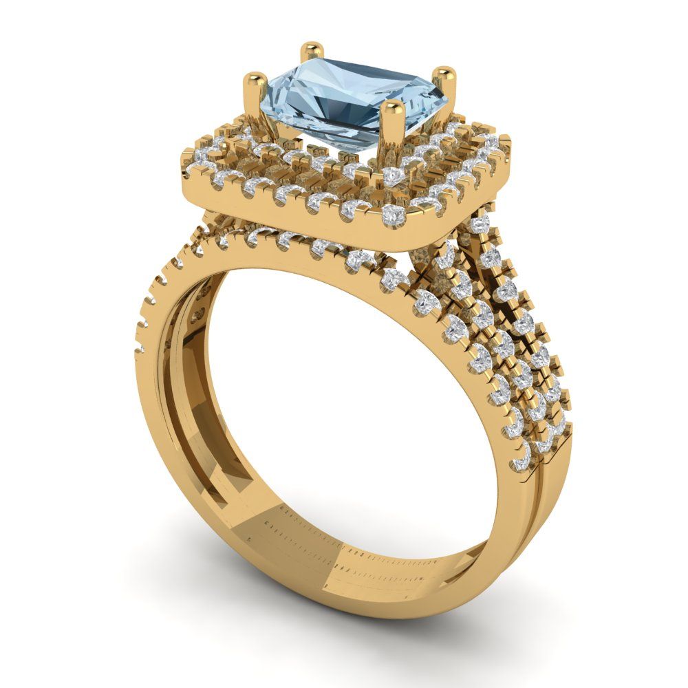 3.05 cttw Emerald Cut Natural Aquamarine Bridal Set - Solid Yellow Gold Engagement Ring & Wedding Band