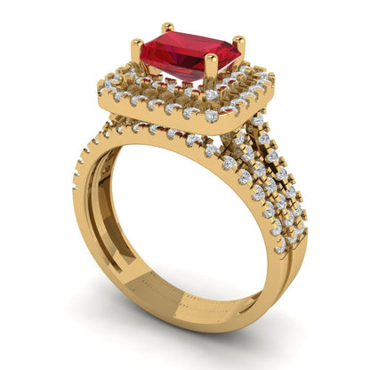 3.05 cttw Emerald Cut Simulated Ruby Bridal Set - Solid Yellow Gold Engagement Ring & Wedding Band