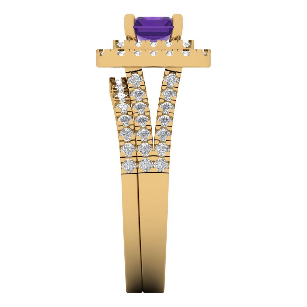 3.05 cttw Emerald Cut Natural Amethyst Bridal Set - Solid Yellow Gold Engagement Ring & Wedding Band