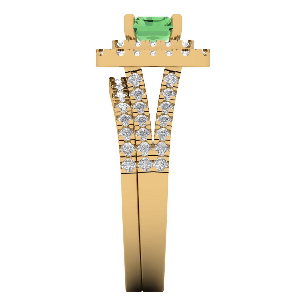 3.05 cttw Emerald Cut Simulated Green Diamond Bridal Set - Solid Yellow Gold Engagement Ring & Wedding Band
