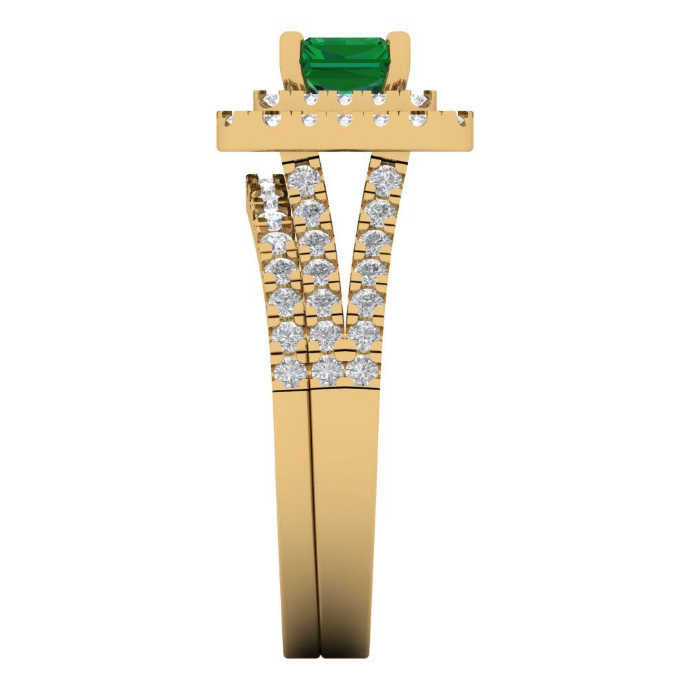 3.05 cttw Emerald Cut Simulated Emerald Bridal Set - Solid Yellow Gold Engagement Ring & Wedding Band