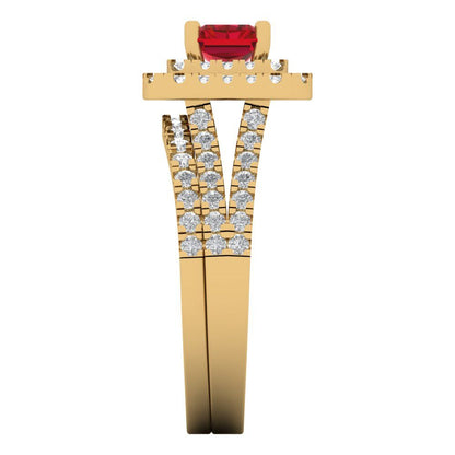 3.05 cttw Emerald Cut Simulated Ruby Bridal Set - Solid Yellow Gold Engagement Ring & Wedding Band