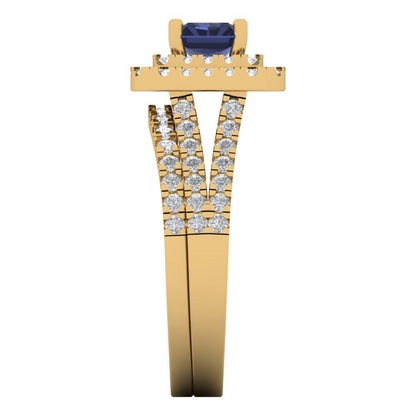3.05 cttw Emerald Cut Simulated Blue Sapphire Bridal Set - Solid Yellow Gold Engagement Ring & Wedding Band