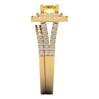 3.05 cttw Emerald Cut Natural Citrine Bridal Set - Solid Yellow Gold Engagement Ring & Wedding Band