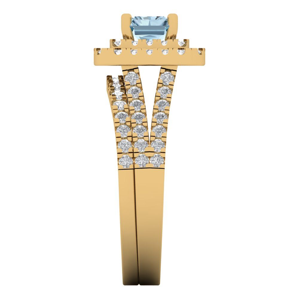 3.05 cttw Emerald Cut Simulated Blue Diamond Bridal Set - Solid Yellow Gold Engagement Ring & Wedding Band