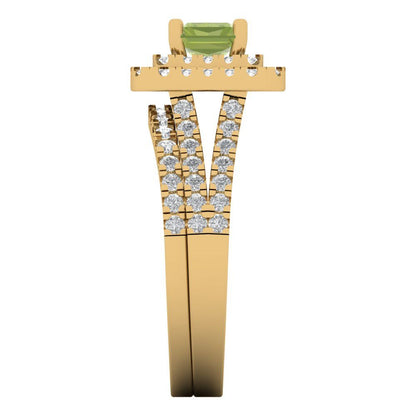 3.05 cttw Emerald Cut Natural Peridot Bridal Set - Solid Yellow Gold Engagement Ring & Wedding Band