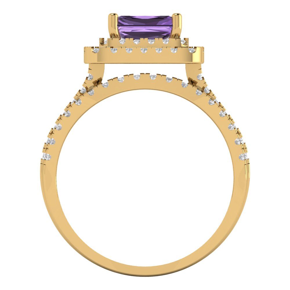 3.05 cttw Emerald Cut Simulated Alexandrite Bridal Set - Solid Yellow Gold Engagement Ring & Wedding Band