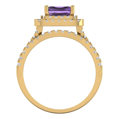 3.05 cttw Emerald Cut Simulated Alexandrite Bridal Set - Solid Yellow Gold Engagement Ring & Wedding Band