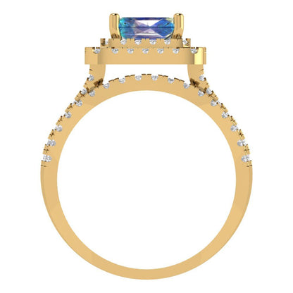 3.05 cttw Emerald Cut Blue Moissanite Bridal Set - Solid Yellow Gold Engagement Ring & Wedding Band