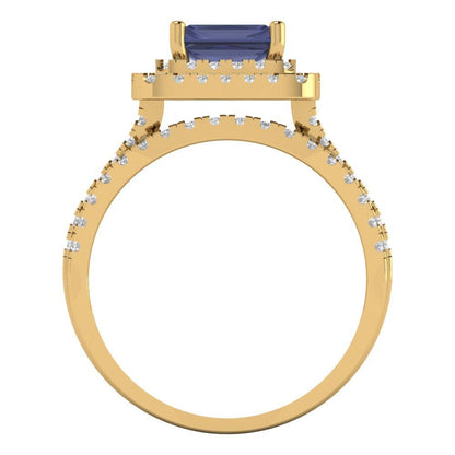3.05 cttw Emerald Cut Simulated Blue Sapphire Bridal Set - Solid Yellow Gold Engagement Ring & Wedding Band