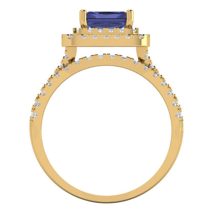 3.05 cttw Emerald Cut Simulated Tanzanite Bridal Set - Solid Yellow Gold Engagement Ring & Wedding Band