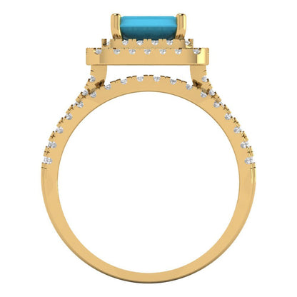 3.05 cttw Emerald Cut Simulated Turquoise Bridal Set - Solid Yellow Gold Engagement Ring & Wedding Band