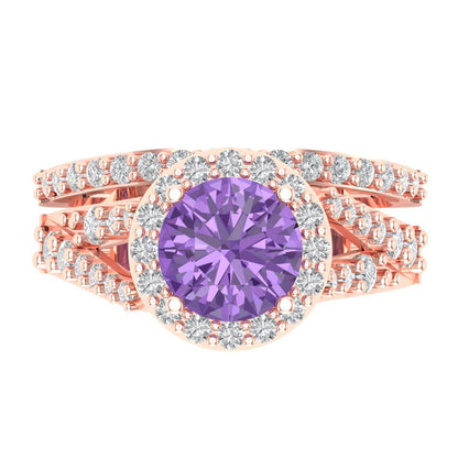 2.32 cttw Round Cut Simulated Alexandrite Bridal Set - Solid Rose Gold Engagement Ring & Wedding Band