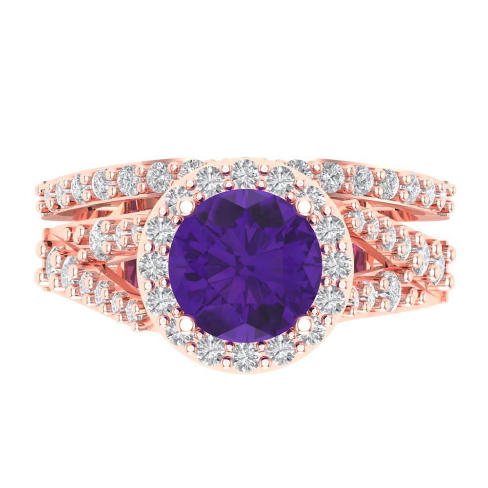 2.32 cttw Round Cut Natural Amethyst Bridal Set - Solid Rose Gold Engagement Ring & Wedding Band