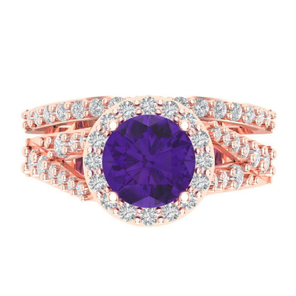2.32 cttw Round Cut Natural Amethyst Bridal Set - Solid Rose Gold Engagement Ring & Wedding Band