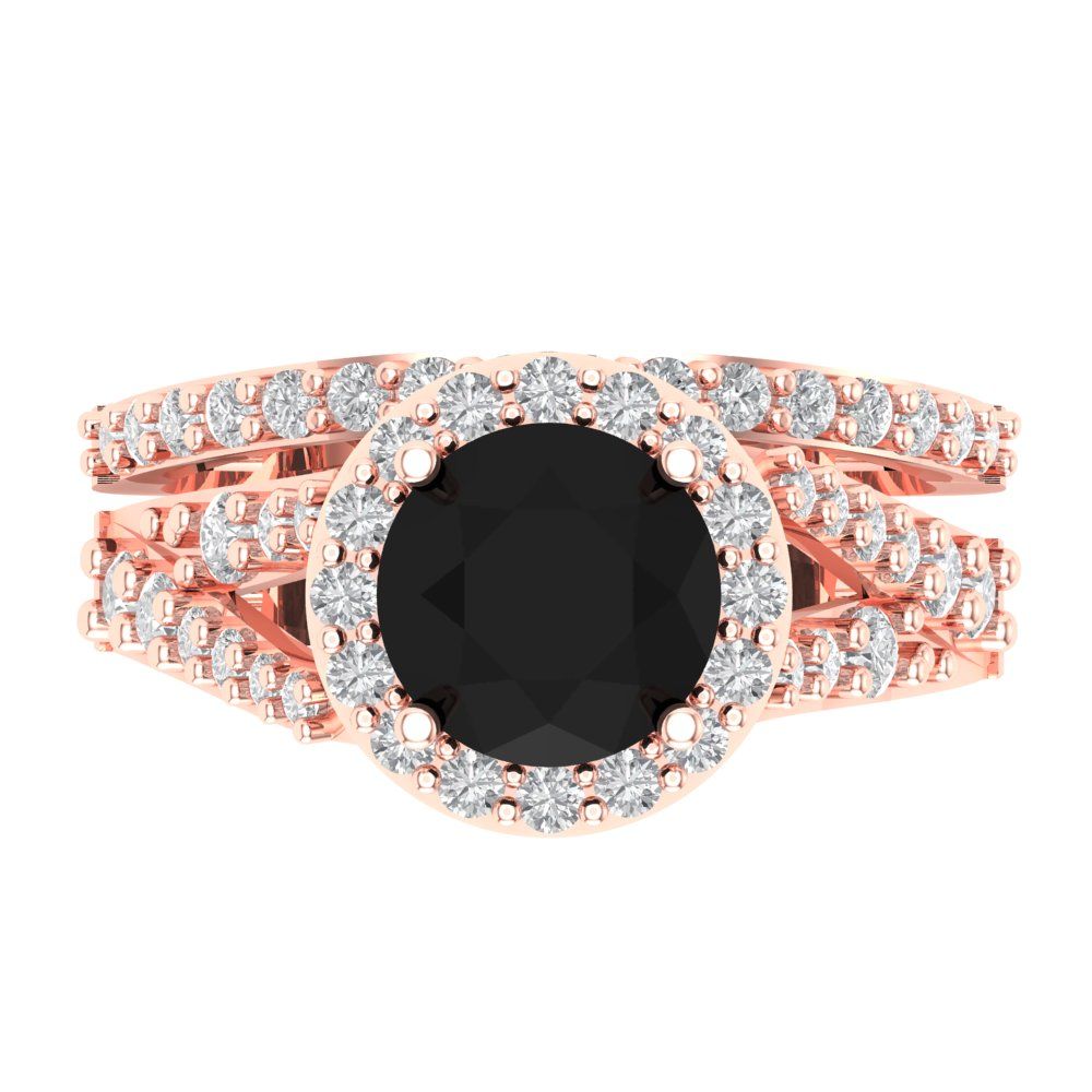 2.32 cttw Round Cut Natural Onyx Bridal Set - Solid Rose Gold Engagement Ring & Wedding Band