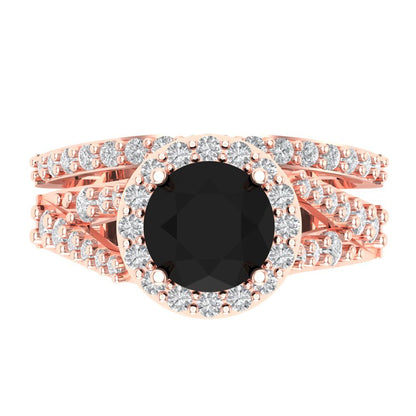 2.32 cttw Round Cut Natural Onyx Bridal Set - Solid Rose Gold Engagement Ring & Wedding Band
