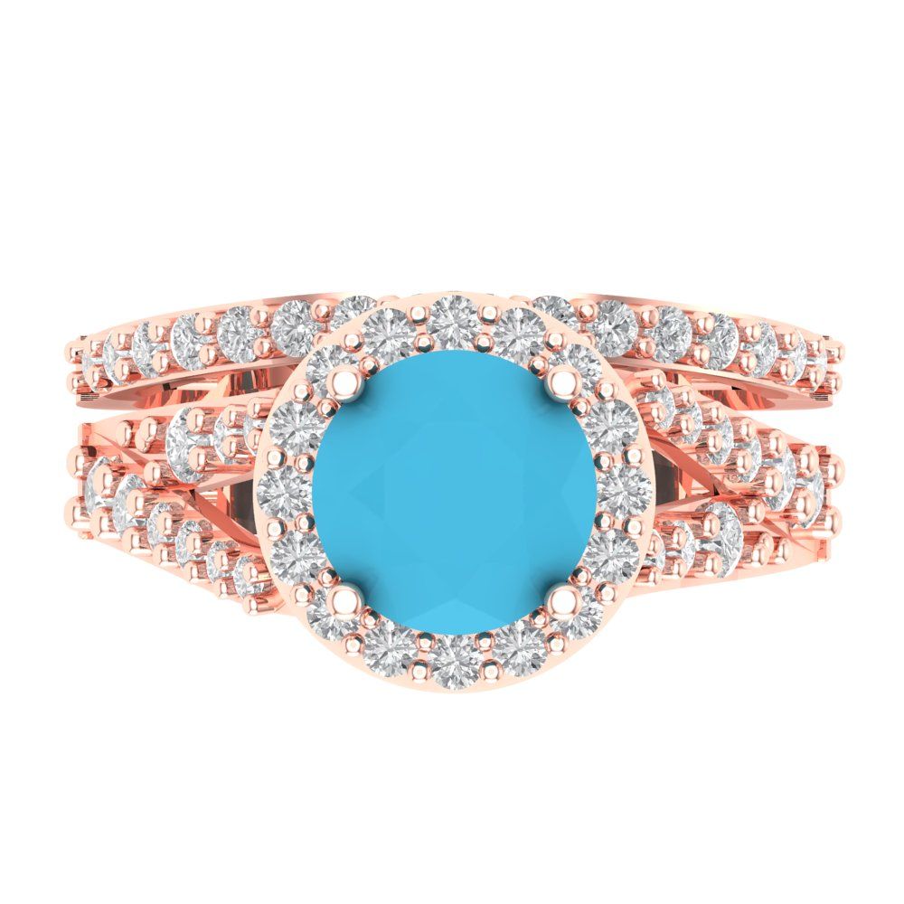 2.32 cttw Round Cut Simulated Turquoise Bridal Set - Solid Rose Gold Engagement Ring & Wedding Band