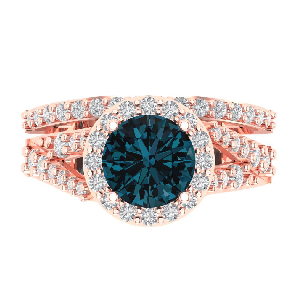 2.32 cttw Round Cut Natural London Blue Topaz Bridal Set - Solid Rose Gold Engagement Ring & Wedding Band