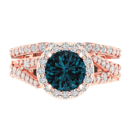 2.32 cttw Round Cut Natural London Blue Topaz Bridal Set - Solid Rose Gold Engagement Ring & Wedding Band