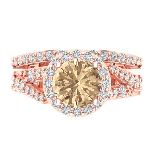 2.32 cttw Round Cut Yellow Moissanite Bridal Set - Solid Rose Gold Engagement Ring & Wedding Band