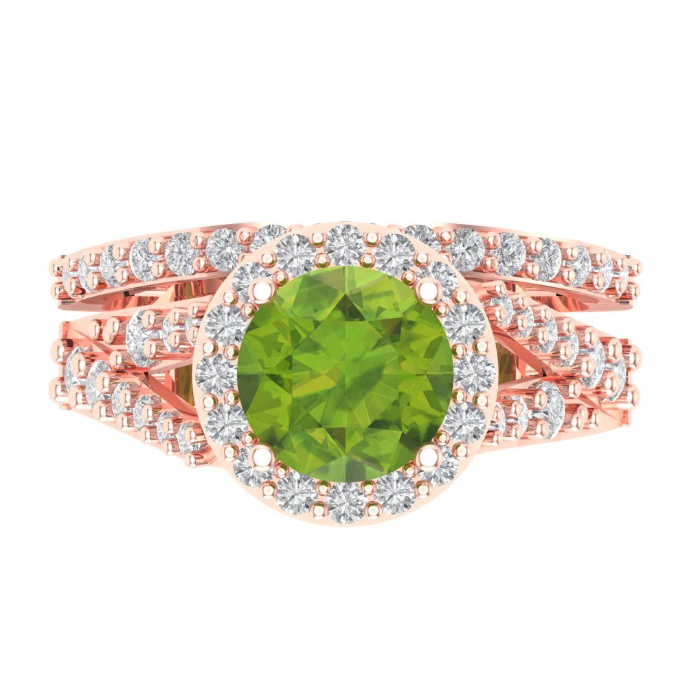 2.32 cttw Round Cut Natural Peridot Bridal Set - Solid Rose Gold Engagement Ring & Wedding Band