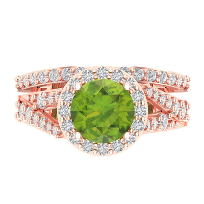 2.32 cttw Round Cut Natural Peridot Bridal Set - Solid Rose Gold Engagement Ring & Wedding Band