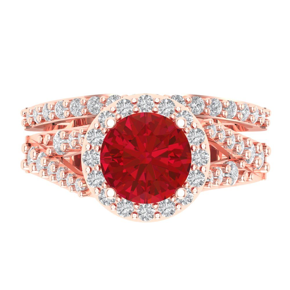 2.32 cttw Round Cut Simulated Ruby Bridal Set - Solid Rose Gold Engagement Ring & Wedding Band