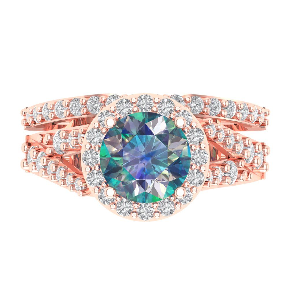 2.32 cttw Round Cut Blue Moissanite Bridal Set - Solid Rose Gold Engagement Ring & Wedding Band