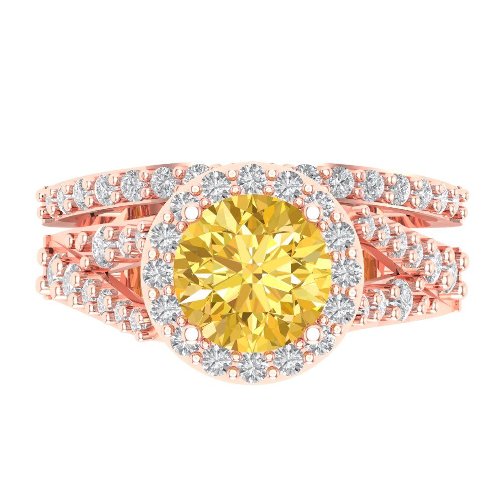 2.32 cttw Round Cut Simulated Yellow Diamond Bridal Set - Solid Rose Gold Engagement Ring & Wedding Band