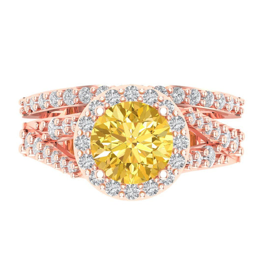 2.32 cttw Round Cut Simulated Yellow Diamond Bridal Set - Solid Rose Gold Engagement Ring & Wedding Band