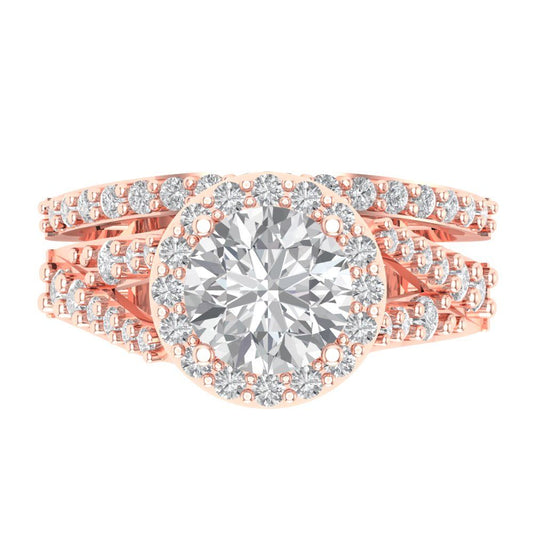 2.32 cttw Round Cut White Sapphire Bridal Set - Solid Rose Gold Engagement Ring & Wedding Band