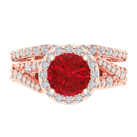 2.32 cttw Round Cut Simulated Pink Tourmaline Bridal Set - Solid Rose Gold Engagement Ring & Wedding Band