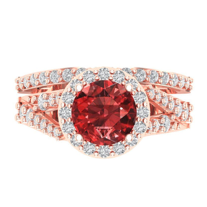 2.32 cttw Round Cut Natural Garnet Bridal Set - Solid Rose Gold Engagement Ring & Wedding Band