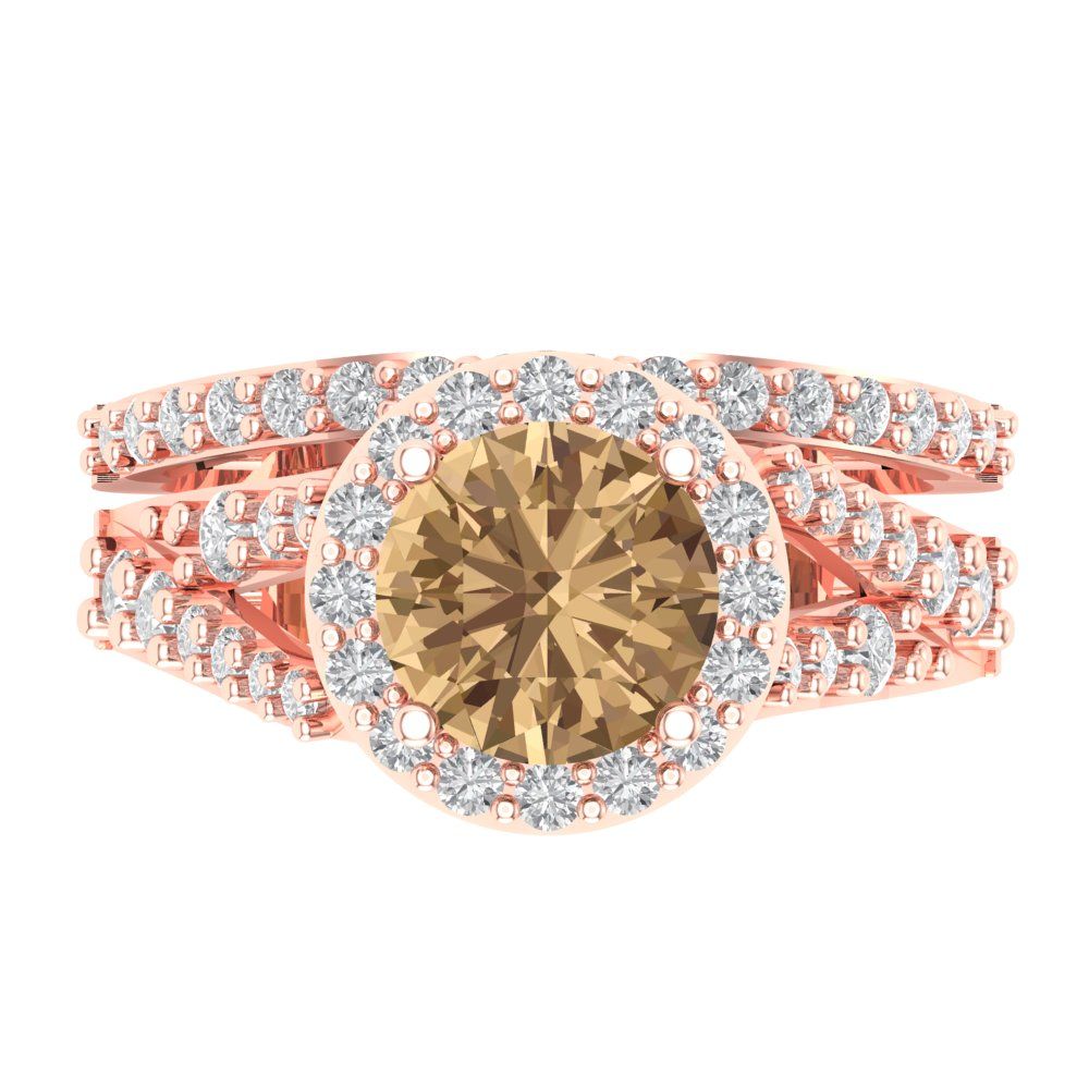 2.32 cttw Round Cut Simulated Champagne Diamond Bridal Set - Solid Rose Gold Engagement Ring & Wedding Band