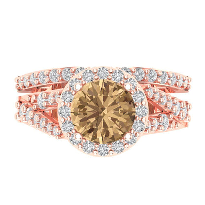 2.32 cttw Round Cut Simulated Champagne Diamond Bridal Set - Solid Rose Gold Engagement Ring & Wedding Band
