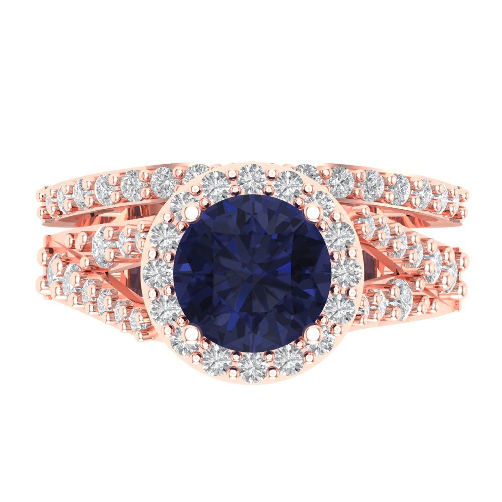 2.32 cttw Round Cut Simulated Blue Sapphire Bridal Set - Solid Rose Gold Engagement Ring & Wedding Band